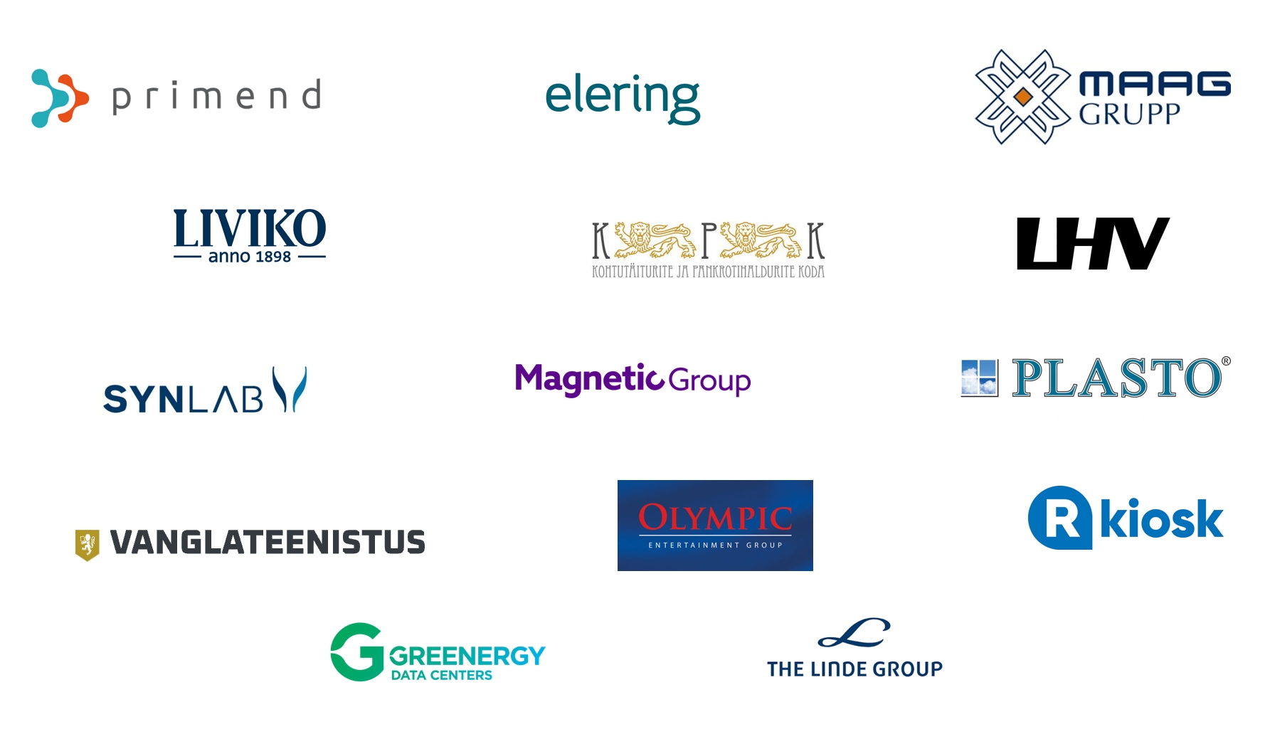 DBA.ee partner logos: Primend, Elering, Maag Grupp, Liviko, Estonian Chamber of Bailiffs and Trustees in Bankruptcy, LHV, Greenergy Data Centers, Optimus Systems, Plasto, Estonian Prison Service, Olympic Entertainment Group, The Linde Group